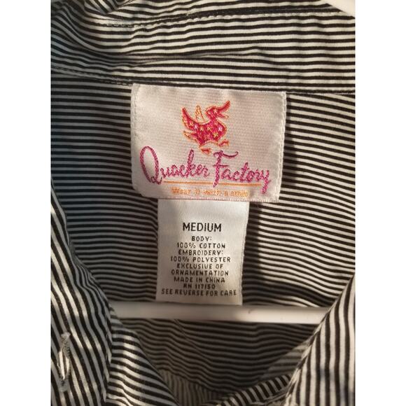 QUACKER FACTORY BLACK WHITE STRIPED PUMPKIN FALL BUTTON DOWN SHIRT WOMENS Medium - Picture 4 of 7